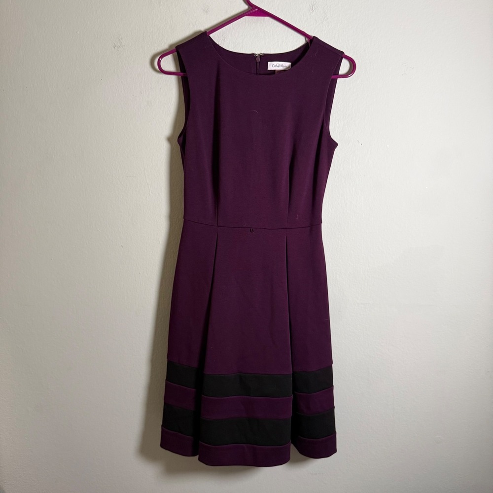 Calvin Klein Women Plum Purple Striped Hem Fit and Flare Dress Size 2 Sleeveless